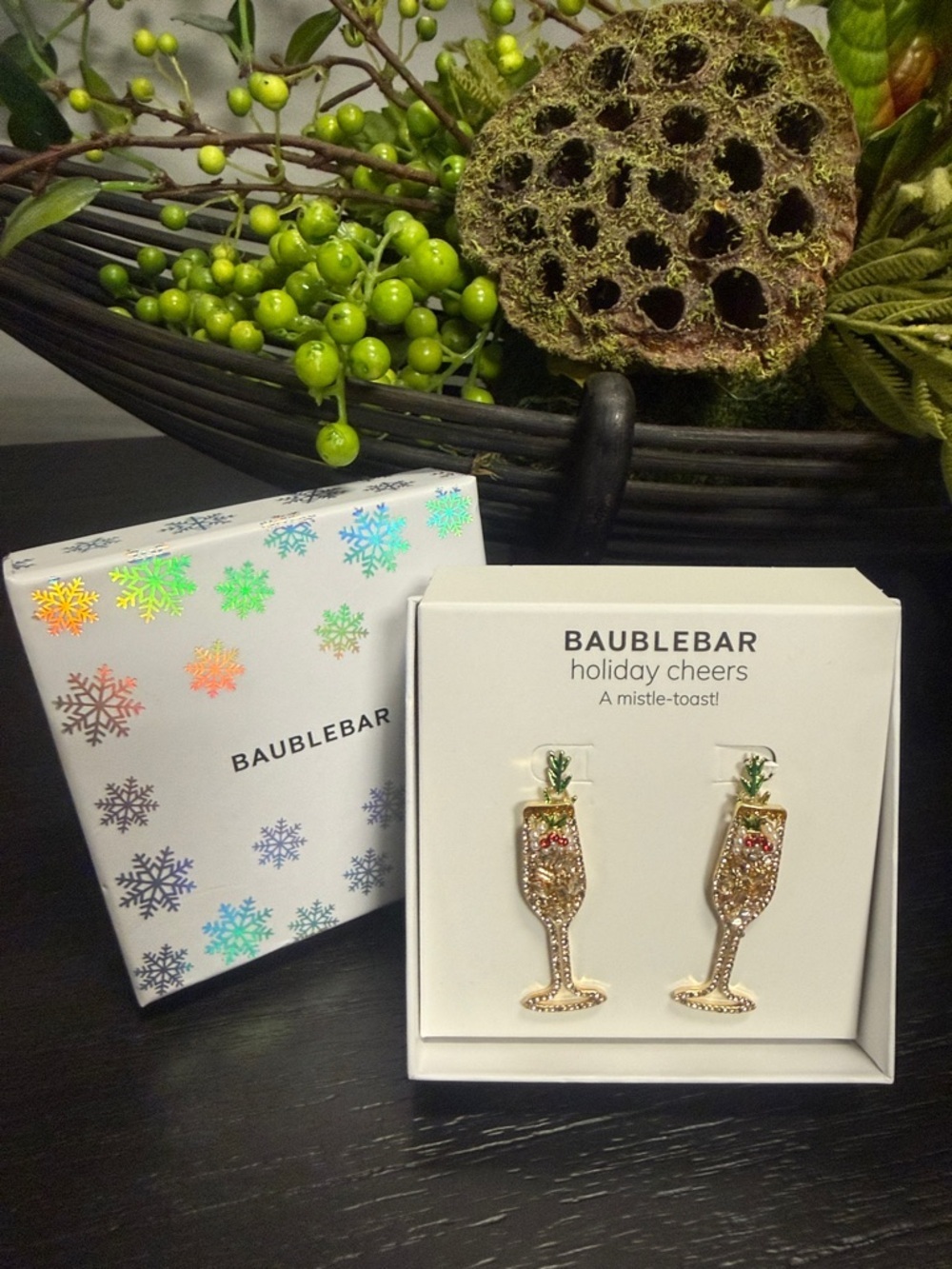 BaubleBar Gold Champagne Glass Stud Earrings Holiday Cheers A mistle toast